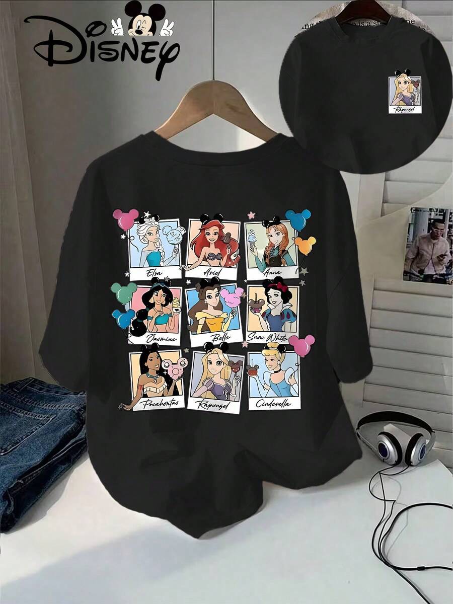 Oversized, Authentic Disney Design Featuring The Nine Disney Princesses, Cartoon Characters And Mickey Mouse Head, Combined With Balloon And Star Decoration, Disney Summer Novelty Short-Sleeved T-Shirt, Women's Casual Printed T-Shirt. - màu đen - Xem 1