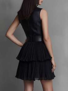 Sleeveless PU Leather Short Dress, Double Ruffle Skirt - Black - View 3