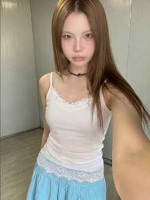 女款蕾絲荷葉邊飾吊帶背心休閒白色夏季 - 白色 - 查看 7