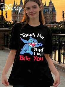 Disney Unisex Casual Round Neck Short Sleeve T-Shirt, Disney Angry Stitch Cartoon Touch Me And I Will Bite You Lilo & Stitch Tee Top - màu đen - Xem 8