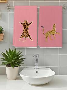 Set 2 buah Handuk Dapur & Serbet Bergaya Universitas yang Cerah dengan Motif Cheetah Warna-warni, Handuk Tangan Bertekstur Menyerap untuk Dekorasi Dapur & Kamar Mandi, Handuk Piring untuk Dapur - Berwarna merah muda - View 3