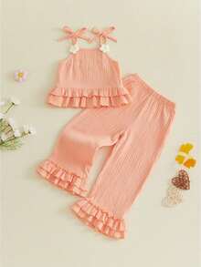 Conjunto de verano para bebés niñas pequeñas: adorable conjunto de top sin mangas con cuello cuadrado y pantalón con estampado floral. - Rosa - Ver 1