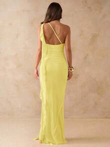 Vestido largo con volantes asimétricos, espalda descubierta y tela de malla, elegante vestido de playa para vacaciones, primavera/verano - Amarillo - Ver 2