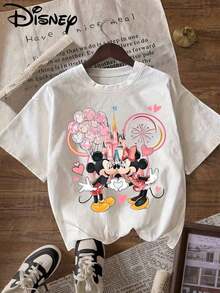 Disney Mickey Mouse Clubhouse Mickey And Minnie Print T-Shirt, Round Neck Pullover Women's Casual Sports Short Sleeve Top - 白色 - 查看 6