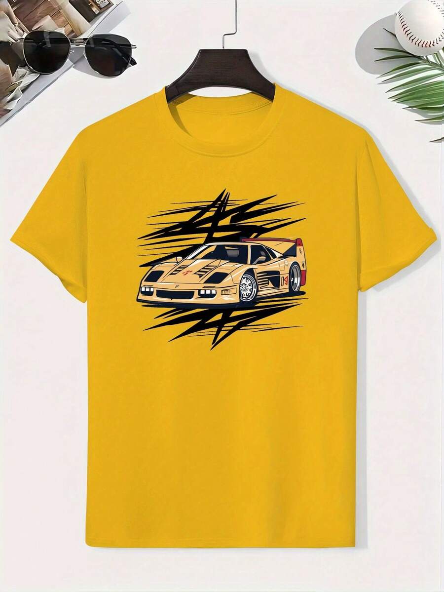 Camiseta de Algodón para Niños con Diseño de Coche Deportivo, Camiseta Creativa para Niños, Camiseta de Manga Corta Ligera y Cómoda, Ropa de Verano para Niños - Amarillo - Ver 1