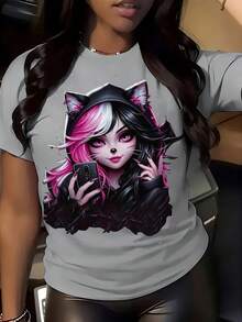 Women's T-Shirt With Anime Cat Ears Print - Short Sleeve, Round Neck, Japanese Sleeve Print, Soft And Stretchy, For Summer And Spring, Ideal For Conventions, Theme Events And Casual Wear - 淺灰色 - 查看 6