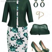 Yunuo Menswear  2 piezas - Vestido ajustado con estampado floral elegante y cárdigan de punto de manga media rosa para mujer, adecuado para citas, ir al trabajo, uso diario. Conjuntos de ropa verde para mujer, conjunto de vestido floral de color verde salvia, ropa de mujer para otoño, atuendos de maestra, conjuntos de salón para mujer, ropa de mujer para otoño - Verde Oscuro - Ver 1