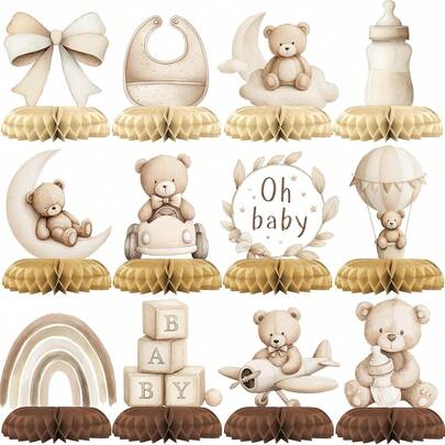 12 pièces Centres de table en nid d'abeille Ours en peluche neutre, Décoration de table de baby shower bohème beige marron, Ours aquarelle, Arc-en-ciel, Design avion pour baby shower de genre neutre, Fournitures de fête Oh Baby