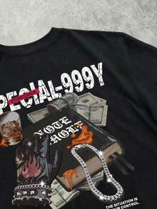 Manfinity  Camiseta de manga corta de algodón negro con estampado gráfico de cruz de estilo callejero y collar y dobladillo anchos - Blanco - Ver 2
