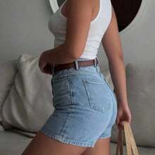 Nana's Women's Clothing Store Pantalones cortos de mujer de mezclilla marrón, estilo recto casual con botones y bolsillos, tela con estiramiento medio, cómodos y de moda para el verano - Gris medio - Ver 6