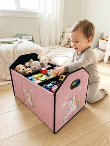 1 Peça Caixa de Armazenamento com Compartimentos, Cesta de Roupa, Caixa de Armazenamento Dobrável de Alta Capacidade com Estampa de Cavalo Cartoon e Divisória, Adequada para Berçário, Quarto, Roupas de Bebê, Embaixo da Cama, Brinquedos de Bebê - Multicolorido - Visão 4