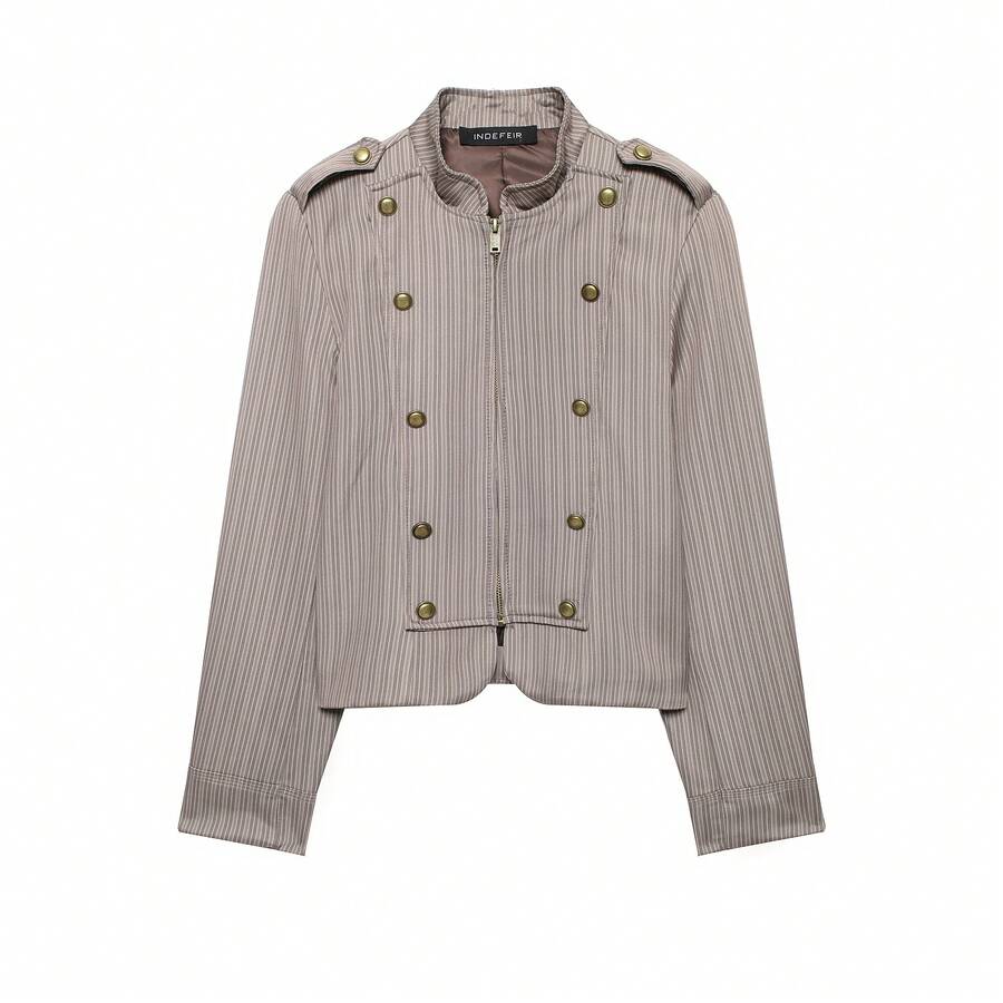 Camellia New Arrival Women's Fashion Minimalist Striped Fitted Blazer, Autumn/Spring Vacation Brown - Brown - View 1