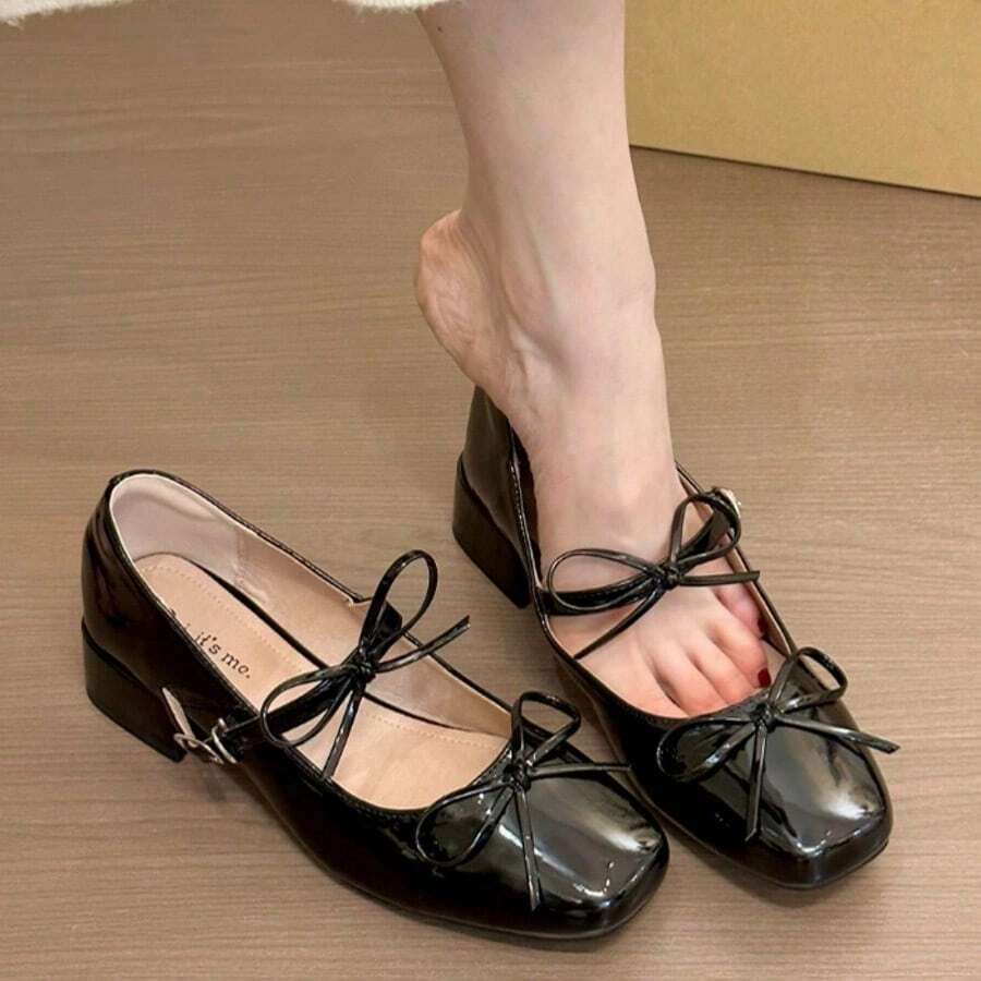 French Haute Couture Bow, Chunky Heel And Square Toe Shoe, New Marijen With Skirt And Red Shoes For Women, Women's Ballerinas - 黑色 - 查看 1