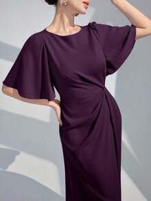 Vestido largo de noche con cuello redondo, volantes y mangas cortas de unicolor para mujer - Morado - Ver 4