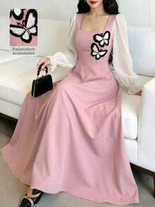 Vestido de mujer con parches tejidos, decoración de lazo y cintura ceñida - Rosa 2 - Ver 3