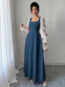 Vestido de mujer con parches tejidos, decoración de lazo y cintura ceñida - Azul marino - Ver 3