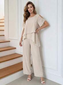Conjunto informal de mujer con top de cuello redondo de unicolor y pantalones de pierna ancha - Albaricoque - Ver 7