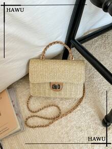 Bolso de hombro de paja con diseño de perlas, bolso cuadrado pequeño para vacaciones en la playa - Caqui - Ver 10