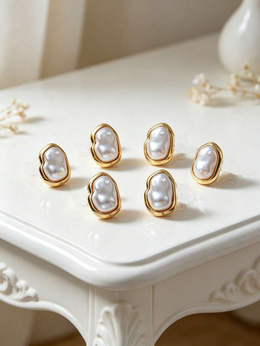 6pcs Fashion Asymmetrical Faux Pearl Cufflinks, Decorative Button Covers For Women, For Daily And Festival Wear, Gifts For Friends