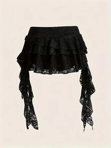 White Lace Mini Skirt With Ruffles And Low Waist, Casual Vacation Style, With Shorts To Avoid See-Through. Women's Tiered Wave Mini Skirt, Spring/Summer, Party Fashion Y2K, A-Line Skirt With Ruffles And Layers, Ideal For Vacation And Bohemian Style - 黑色 - 查看 2