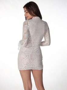 Spring Party Dress: Fitted Mini, Flared Sleeves And Hollow Lace Details – Elegant Look - 白色的 - 查看 10