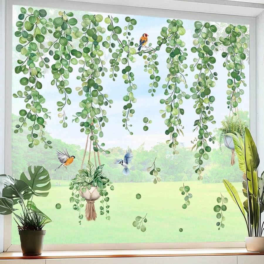 Pegatinas para ventanas con hojas de parra colgantes de primavera, adhesivos para ventanas sin pegamento, película para vidrio, hojas verdes, plantas, pájaros, pegatinas anticolisión para ventanas, puertas de vidrio y cocina. - Vite Appesa - Ver 1