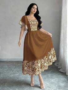 Vestido de manga corta con cuello cuadrado y estampado floral, vestido de longitud media con cintura ceñida, vestido marrón con estampado floral - Multicolor 4 - Ver 3