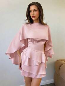Vestido mini sin mangas de color albaricoque para mujer, chal desmontable, vestido romántico retro sexy y lindo para citas - Rosa Pálido - Ver 9