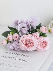1/3/100pcs Pink Artificial Hydrangea, Peony, Silk Rose Flower Bouquet, Suitable For Home Decor, Wedding Bridal Bouquet, Valentine's Day, Birthday Gift, Graduation Ceremony And Other Occasions - Pink - View 6