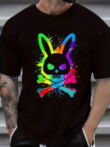 Men's Black Cotton T-Shirt With Colorful Skull Rabbit Print – Soft, Breathable And Stylish For Summer And Outdoor Activities - Black - View 1