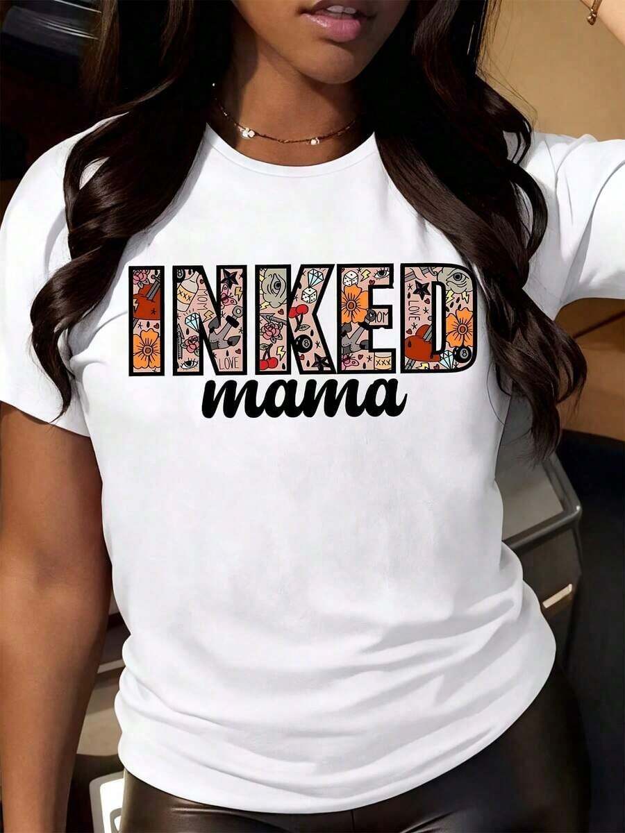 Comfortable For All-Day Wear. This Women's Casual Short-Sleeve T-Shirt Features A Crew Neck, A Relaxed Fit, And A Graphic "Inked Mama" Print With A Floral And Tattoo Design. It's Perfect For Everyday Wear And Outings. The Comfortable, Relaxed Fit Flatters All Body Types, While The High-Quality Material Feels Soft Against The Skin And Offers Durability. - 白色 - 查看 1