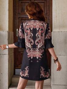Clasi Vestido elegante con estampado floral y escote calado para mujeres, vestidos de graduación para mujeres, vestido de cintura baja, estilo boho country, ropa de mujer boho - Negro 3 - Ver 4
