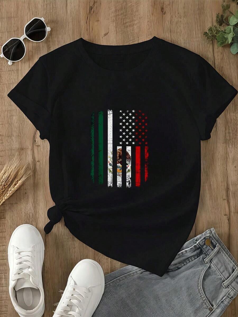 Bandera fusionada de México y Estados Unidos simbolizando unión cultural y respeto mutuo en camiseta para mujer 100% algodón de alta calidad - Negro - Ver 1