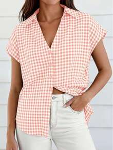 Puff Sleeve Striped Ruffle Blouse V Neck Button Front Summer Top Chic Casual Work Office Outfit For Women - 粉紅色格子 - 查看 3