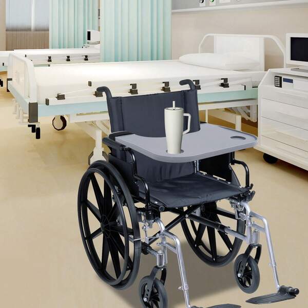 InSyoForeverEC Bandeja para silla de ruedas para adultos y personas mayores, mesa de comedor desmontable de plástico ABS con 2 portavasos, bandeja portátil para silla de ruedas, para comer, leer, trabajar, color gris.