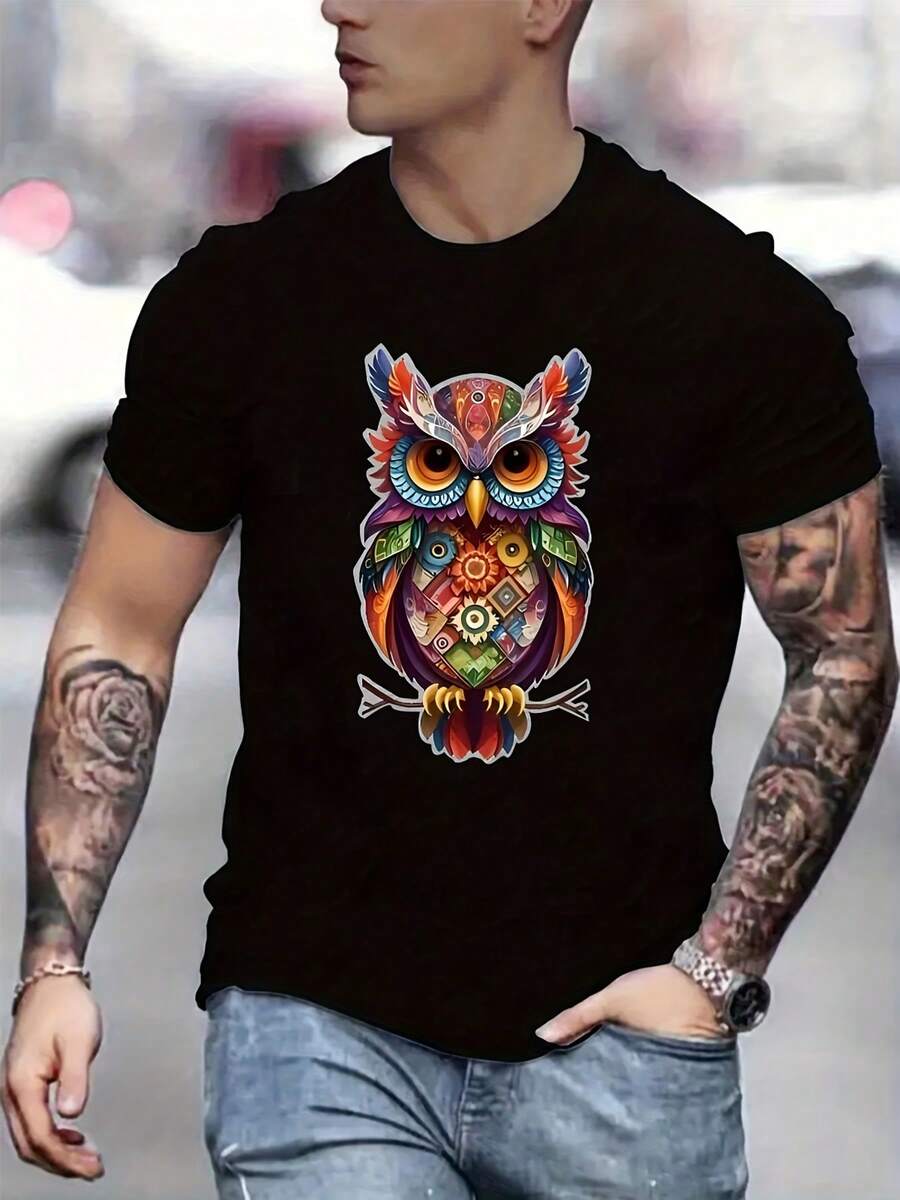 Nueva camiseta de verano para hombres, casual, elegante, de manga corta, estampada, elástica, de cuello redondo, cómoda y transpirable - Negro - Ver 1