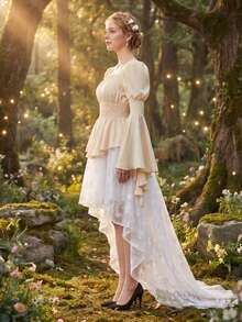 Women's Renaissance And Victorian Gothic-Style Two-Piece Set: Long-Sleeve Square-Neck Blouse And A Pirate-Style Top Paired With A Long, High-Waisted Skirt Featuring An Asymmetrical Hem. - Apricot + White - View 7