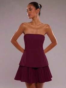 Vestido mini elegante de unicolor con dobladillo plisado para mujer, verano - Burdeos - Ver 12