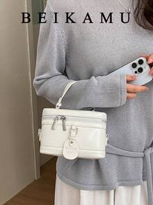 1pc BEIKAMU Rhombus Pattern Handbag Box Design, Fashionable Makeup Coin Purse, Elegant Chain Shoulder Crossbody Bag - White - View 2