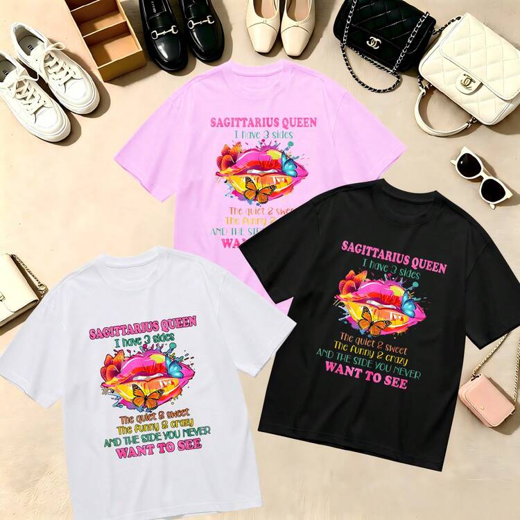 Choose One Of The Three Sets Women's T-Shirt Sagittarius Queen Zodiac Astrology 100% Cotton Oversized Soft Breathable Casual Crewneck Short Sleeve Top Retro Streetwear Summer Vibes - 粉色 - 查看 7