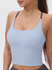 Women's Athletic T-Shirt With Fixed Padding, Color Contrast, Elastic, Summer Yoga Top - 灰湖藍 - 查看 5