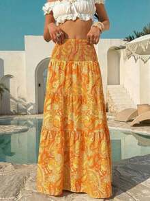 Women's Long Bohemian Print Skirt, Casual For Vacation And Everyday Wear, Spring/Summer - 鵝黃 - 查看 6