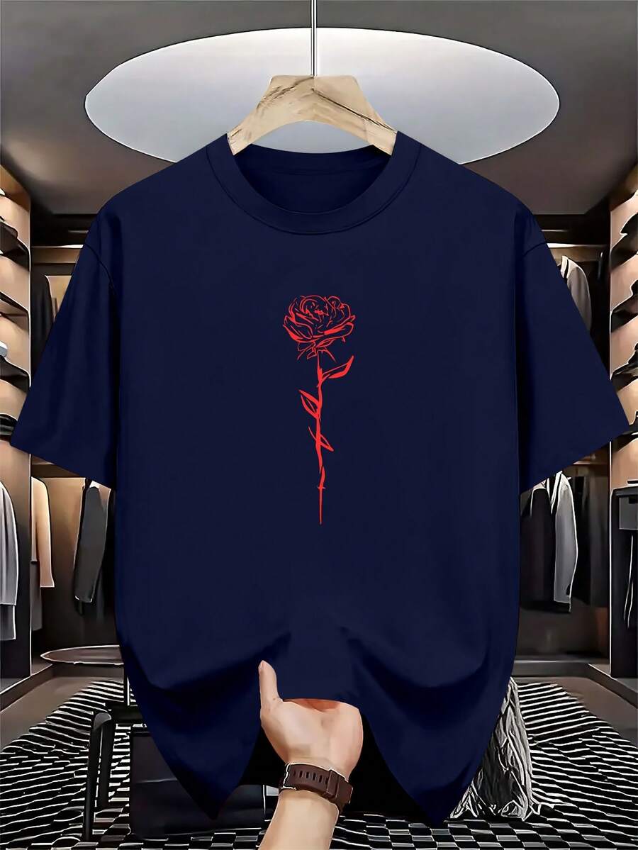 Men's Short Sleeve Crew Neck Summer T-Shirt - Casual And Sporty Layering Base Layer Shirt With Geometric Rose Print, Breathable For Warm Weather, Machine Washable, Casual Outdoor Wear Suitable For Casual Outfits And Layering - 白色 - 查看 1