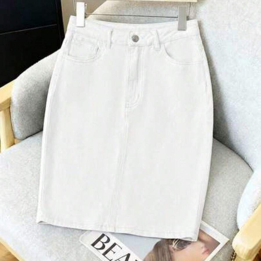 YijiaNvz  Falda lápiz de mezclilla sencilla para mujer - Blanco - Ver 1