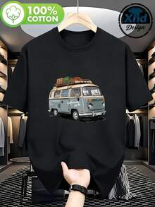 Men's 100% Cotton Vintage-Style T-Shirt With A Classic Van Print Featuring Luggage. The Retro Design Is Ideal For Travel And Adventure Lovers. Perfect For Everyday Wear In Spring And Summer. A Great Gift For Men Who Enjoy Freedom And The Spirit Of Exploration. - 黑色 - 查看 1