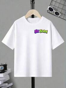 Basic Short-Sleeved T-Shirt For Pre-Teen Boys, Featuring A Cartoon-Style Slogan Graphic Print With The Number 67, In A Minimalist And Refreshing Style, Suitable For Casual Spring, Summer And Autumn Outfits - 白色 - 查看 2