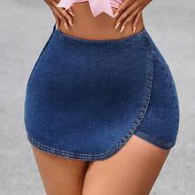 guangzhougaolangshangmao  Tall Falda-pantalón casual de mezclilla con cintura alta y bajo asimétrico para mujer - Blanco - Ver 4