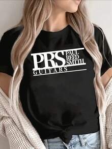 Women's Short-Sleeved T-Shirt With Round Neck And Simple Printed Logo, Ideal For Home, Dinners, Outdoor Activities And Casual Daily Wear. - 黑色 - 查看 7