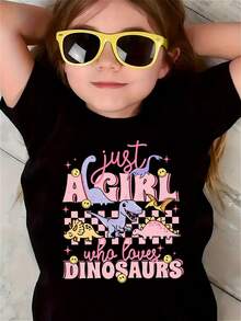 Girls' T-Shirt With A Dinosaur-Loving Girl Letter Print, Cartoon Dinosaur Design,  Faces And Stars, Comfortable And Soft, Round Neck, Casual And Stylish, Suitable For Daily Activities. - 黑色 - 查看 7