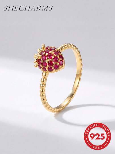 1pc 925 Sterling Silver Red Diamond Strawberry Ring, Vintage Fashion Accessory For Women, Everyday Decoration, Great Gift